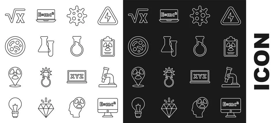 Set line Equation solution, Microscope, Radiation warning document, Virus, Te Stock Illustration