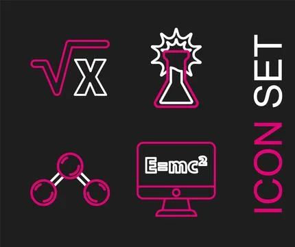 Set line Equation solution, Molecule, Test tube and flask and Square root o.. Stock Illustration