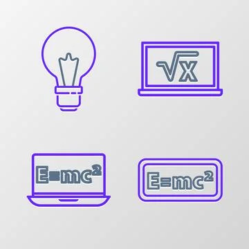 Set line Equation solution, Square root of x glyph and Light bulb with concept Stock Illustration