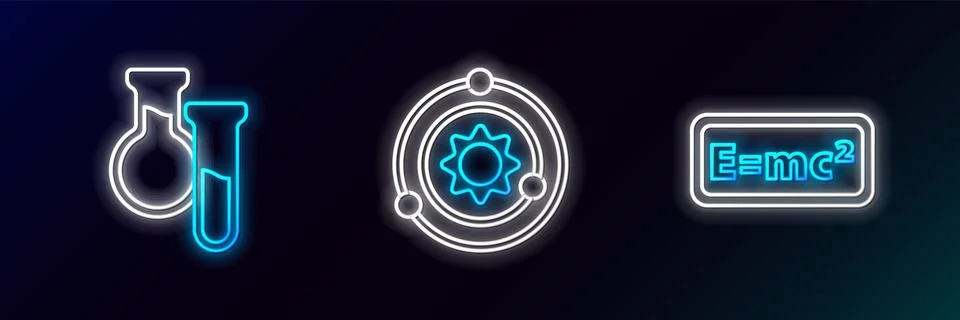 Set line Equation solution, Test tube and flask and Solar system icon. Glow.. Stock Illustration