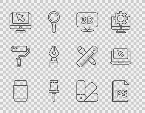 Set line Eraser or rubber, PS File document, Speech bubble with text 3D, Push Stock Illustration