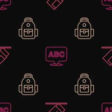 Set line Eraser or rubber, School backpack and Alphabet on seamless pattern 스톡 일러스트