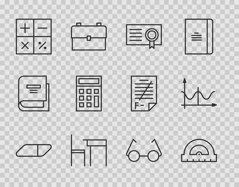 Set line Eraser or rubber, Protractor, Certificate template, School table and Stock Illustration
