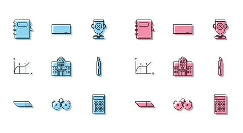 Set line Eraser or rubber, Ringing alarm bell, Notebook, Calculator, School Ilustración de archivo