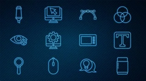 Set line Eraser or rubber, Text, Bezier curve, Computer monitor and gear, Red Illustrazione stock