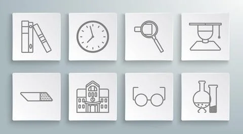 Set line Eraser or rubber, School building, Glasses, Test tube and flask Ilustración de archivo