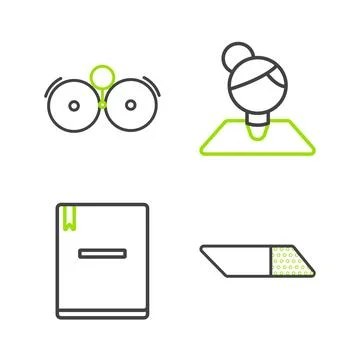 Set line Eraser or rubber, Notebook, Teacher and Ringing alarm bell icon. V.. Stock Illustration