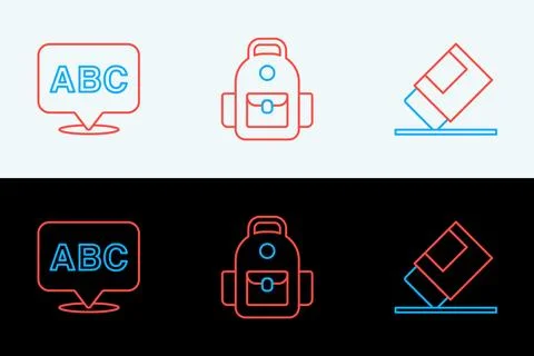 Set line Eraser or rubber, Alphabet and School backpack icon. Vector Stock Illustration
