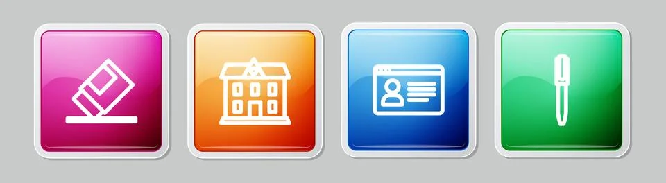 Set line Eraser or rubber, School building, Online class and Pen. Colorful .. Stock Illustration