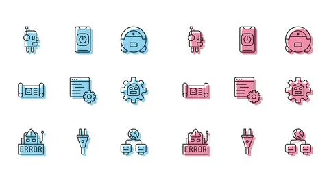 Set line Error in robot, Electric plug, Robot, Artificial intelligence, Com.. Stock Illustration