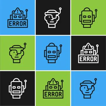 Set line Error in robot, Robot and Smart glasses icon. Vector Ilustración de archivo