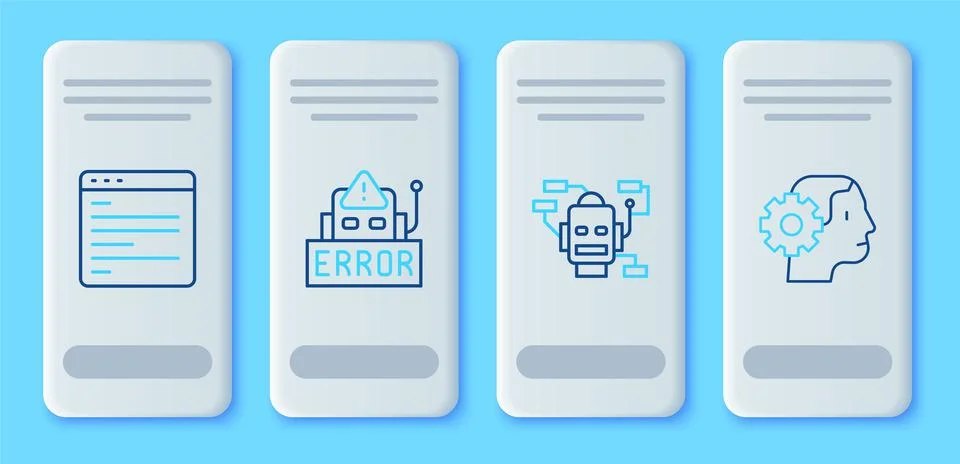 Set line Error in robot, Robot, Computer api interface and Humanoid icon. Vector 스톡 일러스트