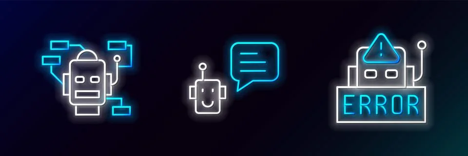 Set line Error in robot, Robot and Bot icon. Glowing neon. Vector Stock Illustration