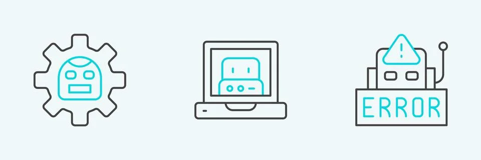 Set line Error in robot, Robot and Creating icon. Vector Stock Illustration