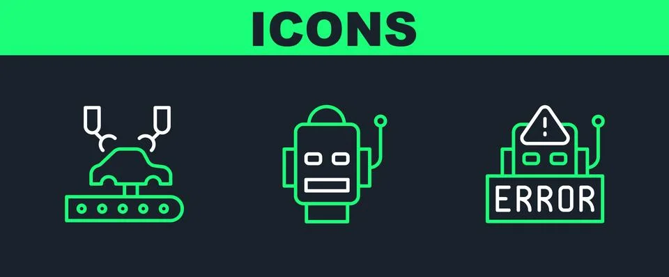 Set line Error in robot, Robotic arm on factory and  icon. Vector イラスト素材
