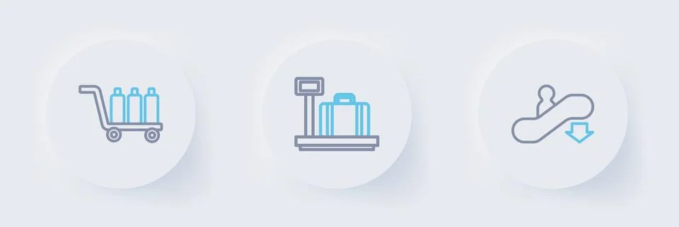Set line Escalator down, Scale with suitcase and Trolley baggage icon. Vector Stock Illustration