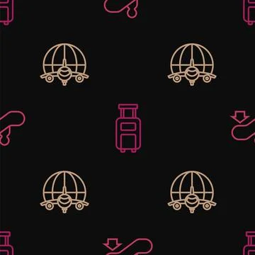 Set line Escalator up, Globe with flying plane and Suitcase on seamless pattern Illustrazione stock