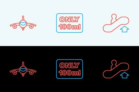 Set line Escalator up, Plane and Liquids in carry-on baggage icon. Vector Stock Illustration