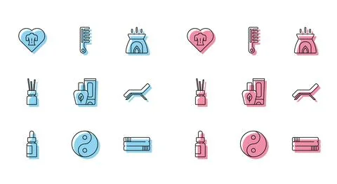 Set line Essential oil bottle, Yin Yang, Massage, Towel stack, Ointment cream Stock Illustration