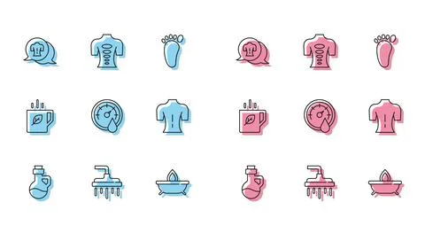 Set line Essential oil bottle, Shower head, Massage, Aroma candle, Sauna Stock Illustration