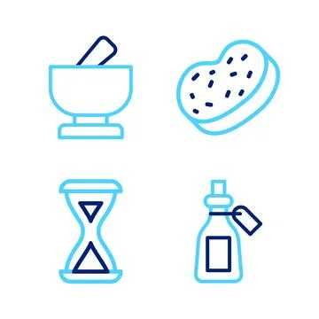 Set line Essential oil bottle, Sauna hourglass, Bath sponge and Mortar and Stock Illustration