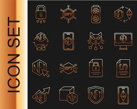 Set line Ethereum ETH, Binary code, Monitor with art store app, Video graph.. Stock Illustration