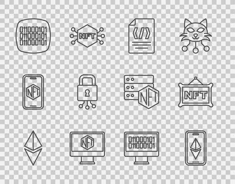 Set line Ethereum ETH, Binary code, Monitor with art store app, Cyber secur.. Stock Illustration