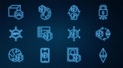 Set line Ethereum ETH, exchange NFT, Digital crypto art, blockchain technolog Ilustración de archivo