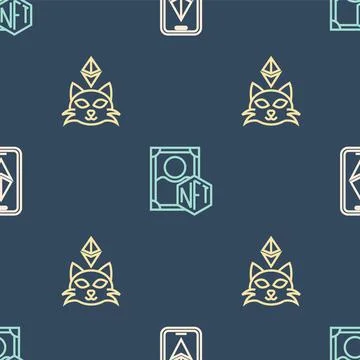 Set line Ethereum ETH, NFT Digital crypto art and on seamless pattern. Vector Illustrazione stock