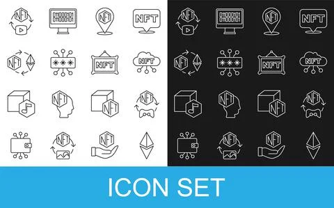 Set line Ethereum ETH, NFT Digital crypto art, cloud, Cyber security, exchange Stock Illustration