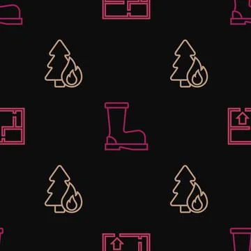 Set line Evacuation plan, Burning forest tree and Fire boots on seamless pattern Stock Illustration