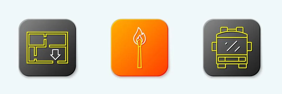 Set line Evacuation plan, Burning match with fire and Fire truck icon. Vector Illustrazione stock