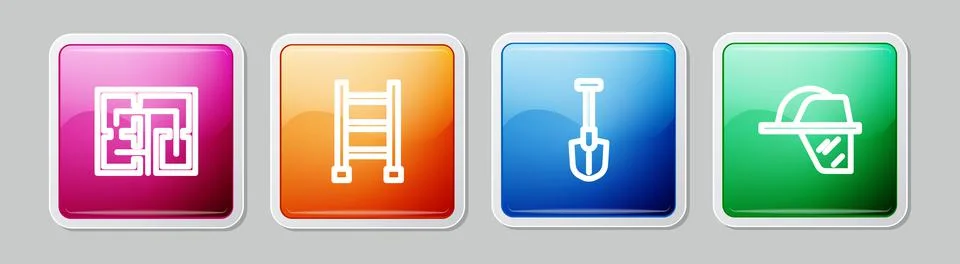 Set line Evacuation plan, Fire escape, shovel and Firefighter helmet. Colorful Ilustración de archivo