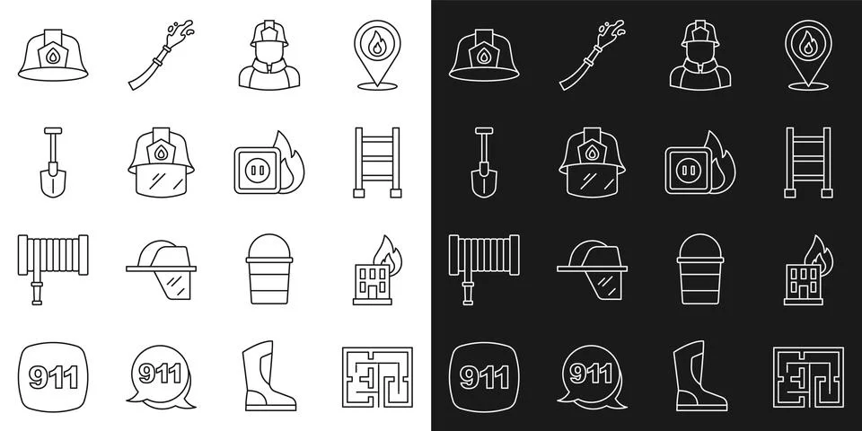 Set line Evacuation plan, Fire in burning building, escape, Firefighter, helmet Ilustración de archivo