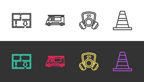 Set line Evacuation plan, Fire truck, Gas mask and Traffic cone on black an.. Stock Illustration