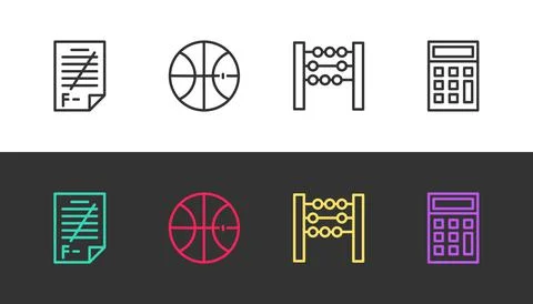 Set line Exam paper with incorrect answers, Basketball ball, Abacus and Stock Illustration