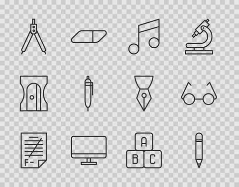 Set line Exam paper with incorrect answers, Pencil eraser, Music note, tone Stock Illustration