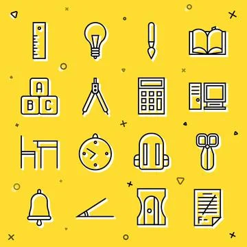 Set line Exam paper with incorrect answers, Scissors, Computer monitor, Paint Illustrazione stock