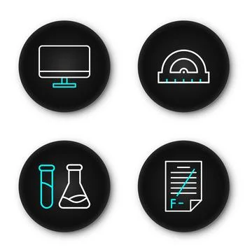 Set line Exam paper with incorrect answers, Test tube and flask, Protractor.. Stock Illustration