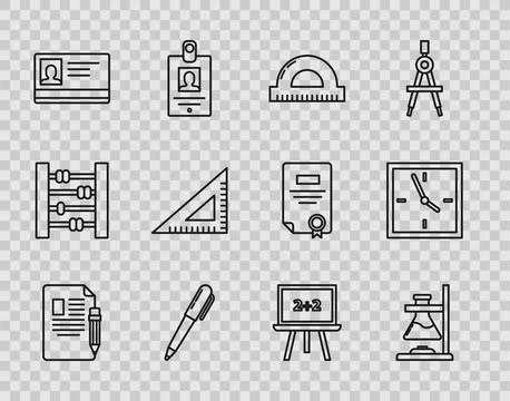 Set line Exam sheet and pencil with eraser, Glass test tube flask on fire, Pr Stock Illustration