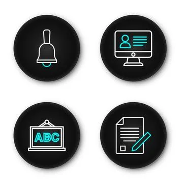 Set line Exam sheet and pencil, Chalkboard, Online class and Ringing bell i.. Stock Illustration