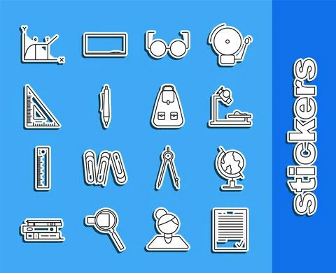Set line Exam sheet with check mark, Earth globe, Microscope, Glasses, Pen Illustrazione stock
