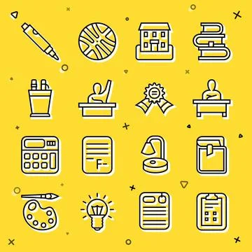 Set line Exam sheet with check mark, Book, Schoolboy sitting at desk, building Ilustración de archivo
