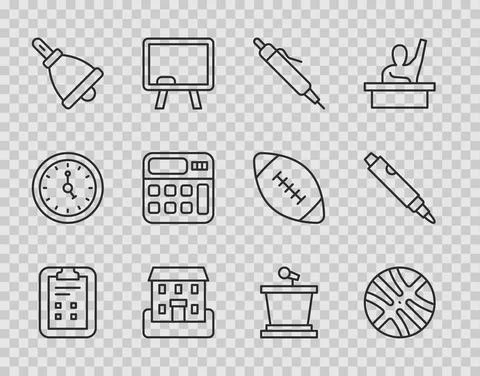 Set line Exam sheet with check mark, Basketball ball, Pen, School building Ilustración de archivo