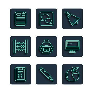 Set line Exam sheet with check mark, Marker pen, Apple, Ringing bell, School Stock Illustration