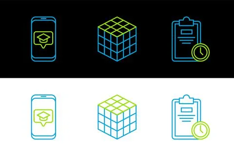 Set line Exam sheet with clock, Graduation cap on screen smartphone and Rubik Stock Illustration