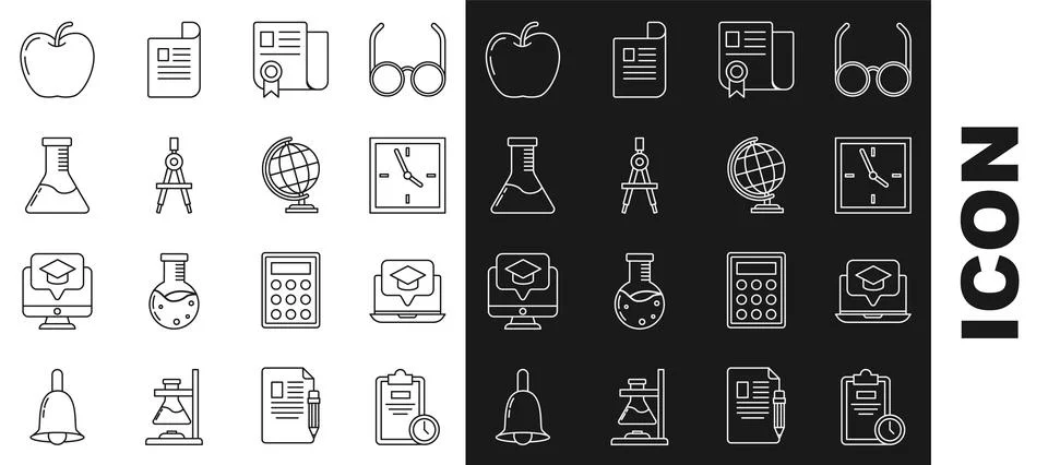 Set line Exam sheet with clock, Graduation cap on screen laptop, Clock Stock Illustration
