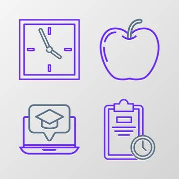 Set line Exam sheet with clock, Graduation cap on screen laptop, Apple and Cl Stock Illustration