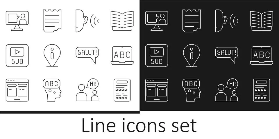 Set line Exam sheet, Foreign language online study, Ear listen sound signal.. Stock Illustration