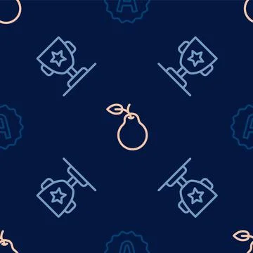 Set line Exam sheet with A plus grade, Award cup and Pear on seamless pattern 스톡 일러스트